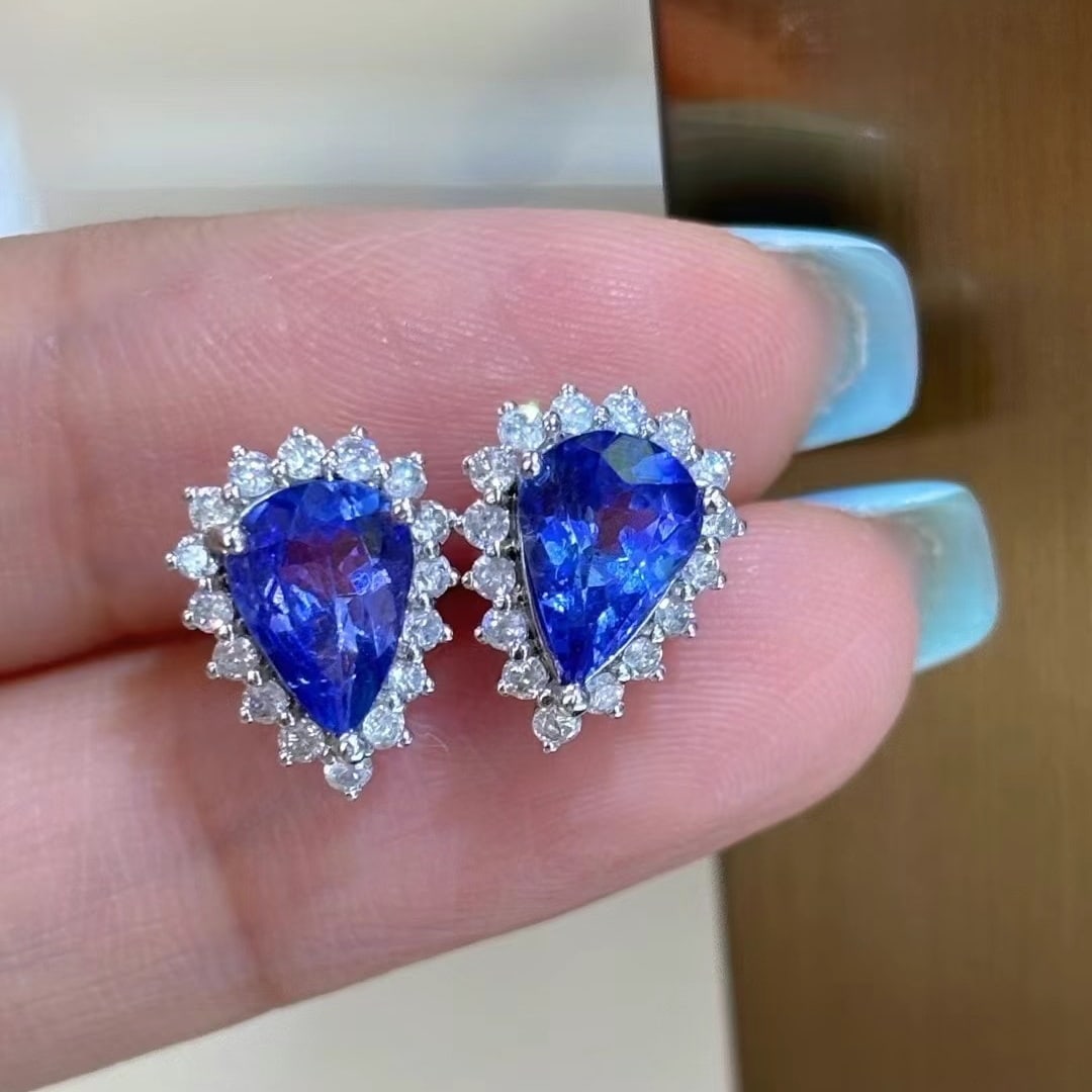 14k Gold 2 Ct Natural Tanzanite & Diamond Earrings - 2