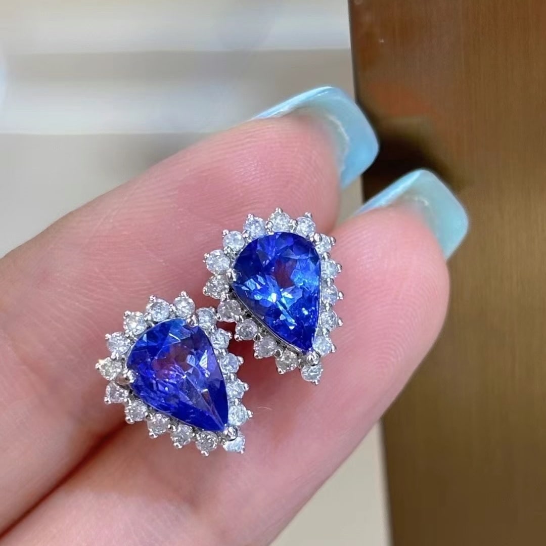 14k Gold 2 Ct Natural Tanzanite & Diamond Earrings - 4