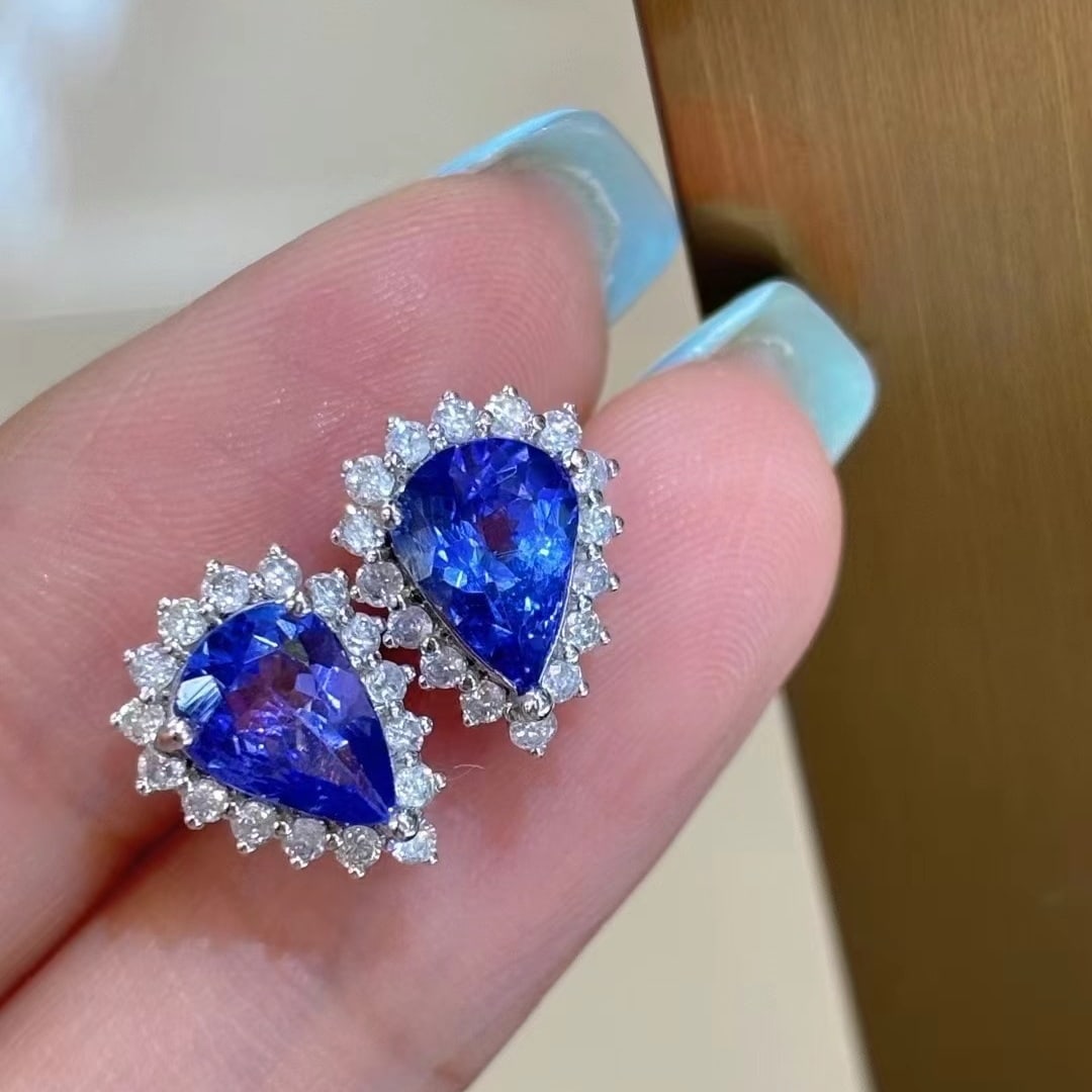 14k Gold 2 Ct Natural Tanzanite & Diamond Earrings - 5