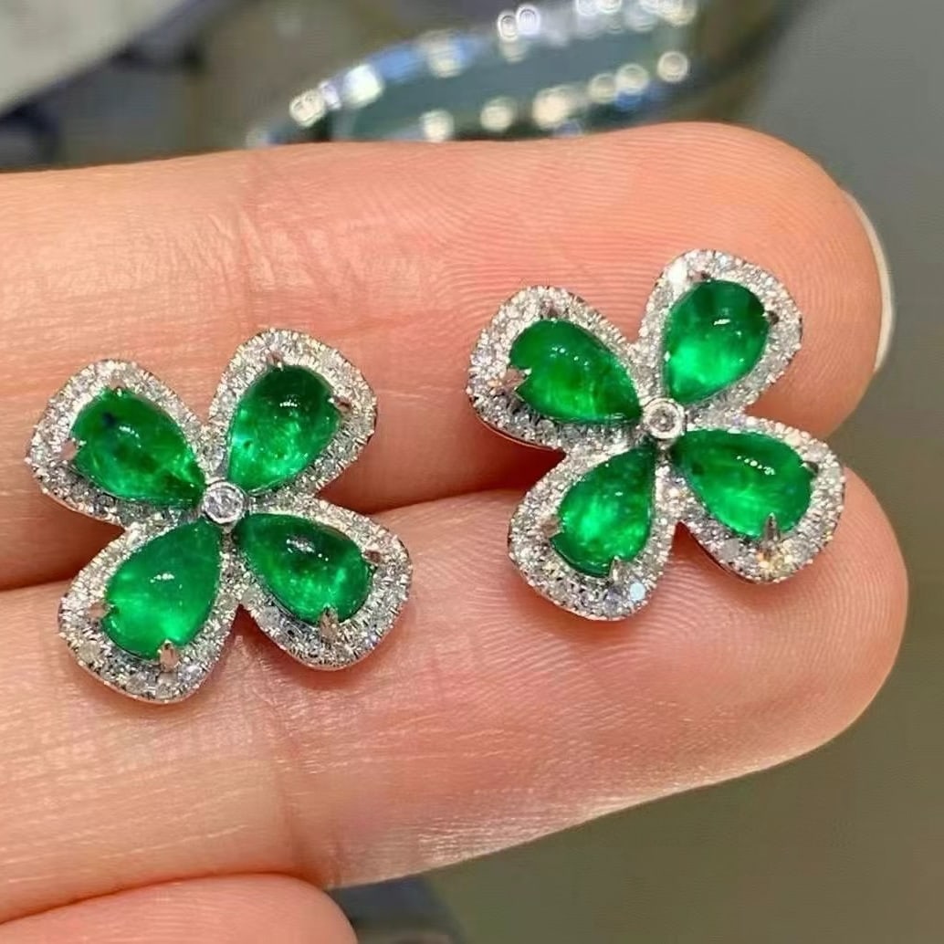 14k Gold 2.15 Ct Vivid Green Natural Emerald & Diamond Earrings - 2