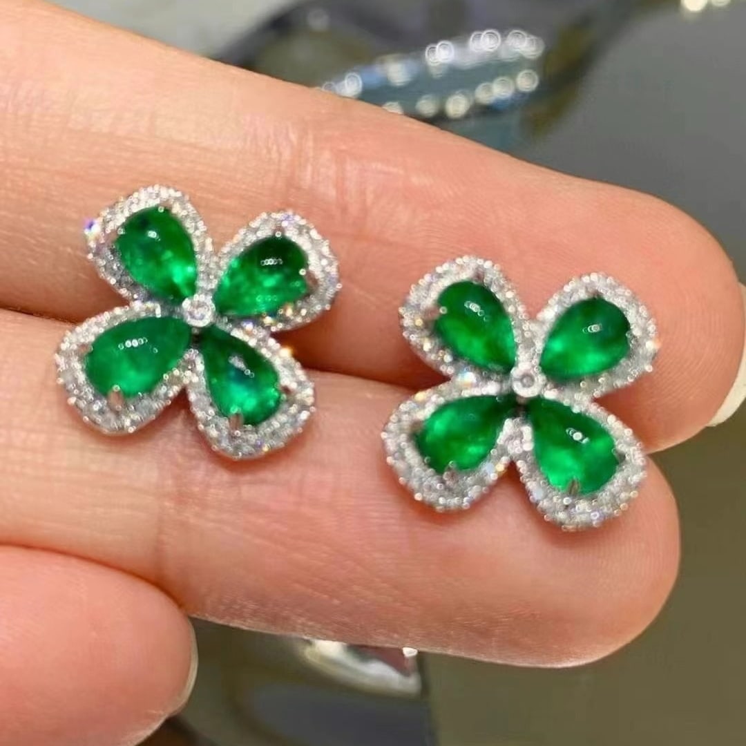 14k Gold 2.15 Ct Vivid Green Natural Emerald & Diamond Earrings - 4