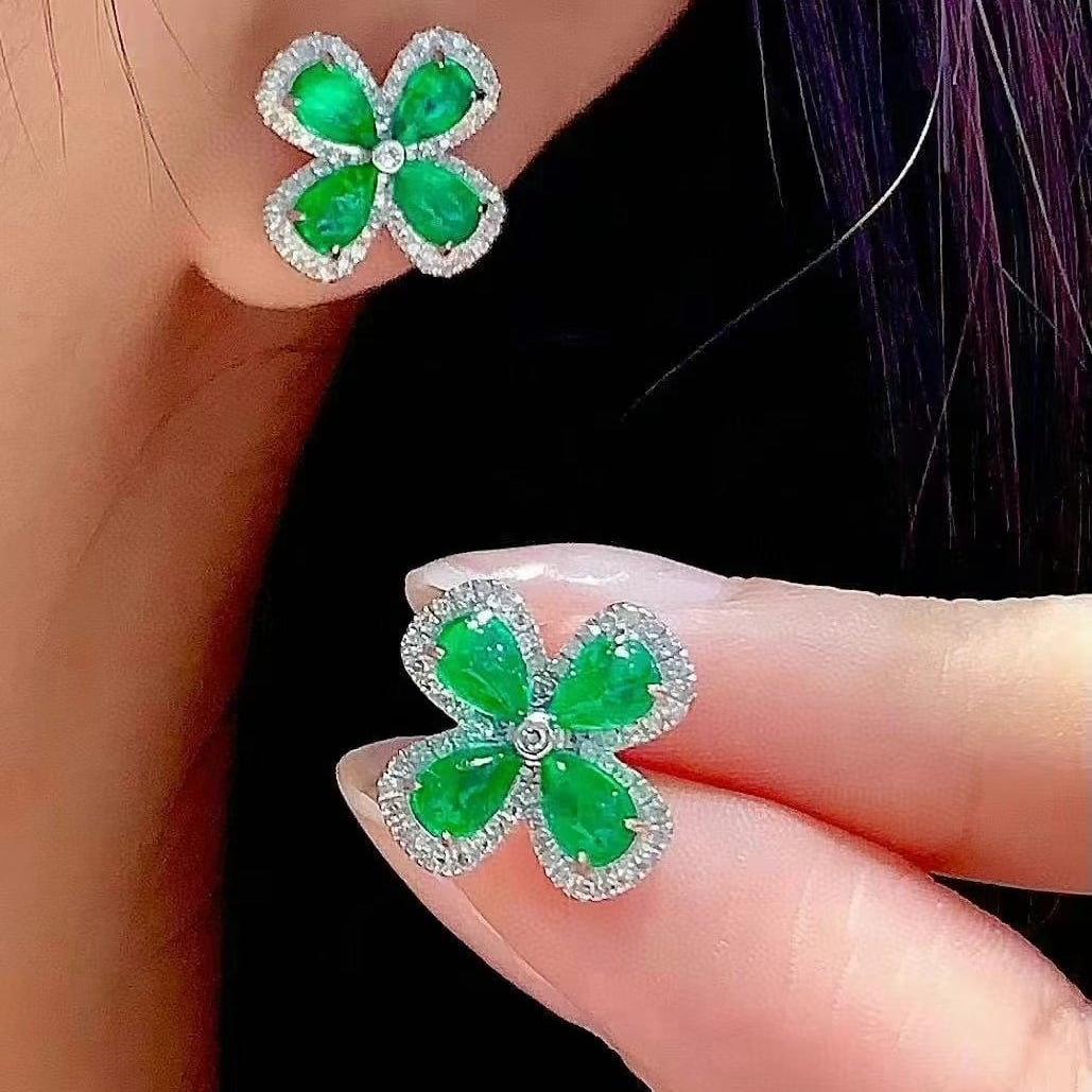 14k Gold 2.15 Ct Vivid Green Natural Emerald & Diamond Earrings - 5
