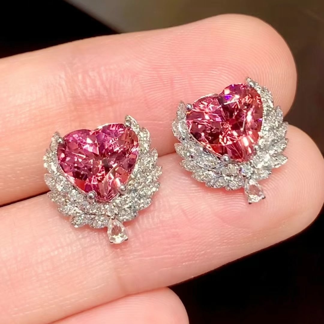 14k Gold 3.6 Ct Natural Tourmaline & Diamond & Sapphire Earrings: Ref:230997242 // gold content:14k gold // main gemstone:tourmaline // shape:heart // carat weight:3. 6ct // color:pink // treatment:natural // // adjacent gemstone 2 : diamond // shape:round //