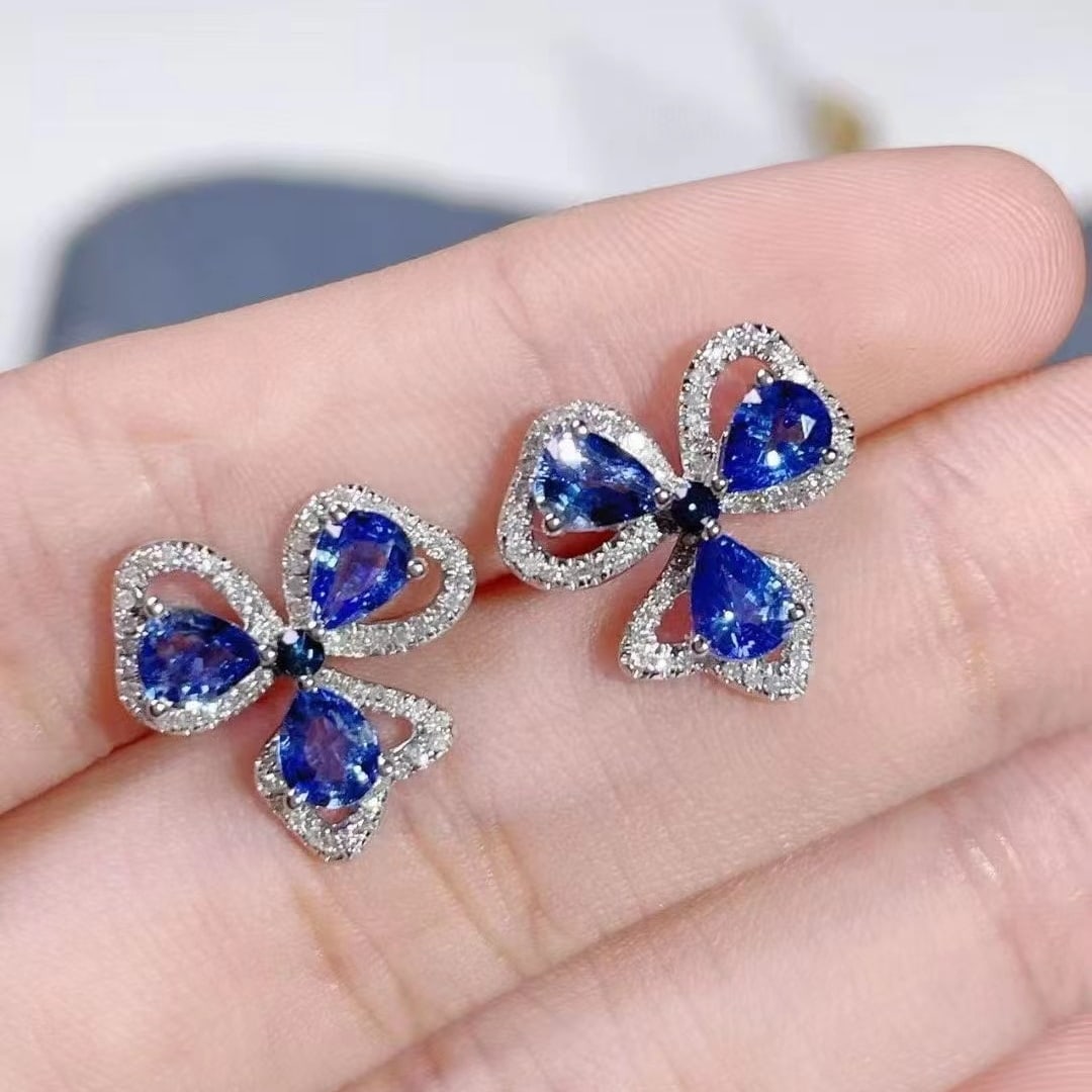 14k Gold 2.3 Ct Natural Sapphire & Diamond Earrings - 2