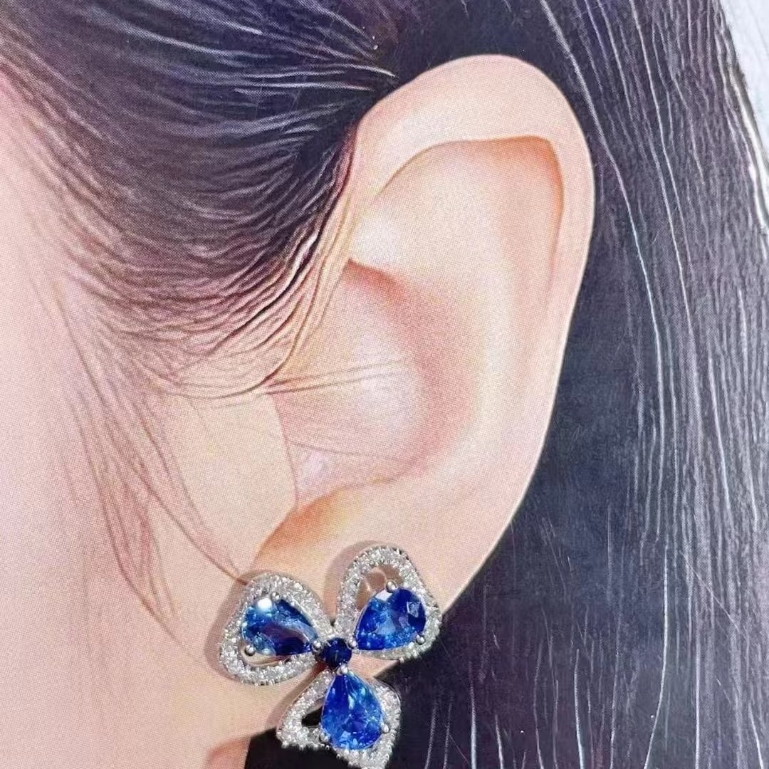 14k Gold 2.3 Ct Natural Sapphire & Diamond Earrings - 3
