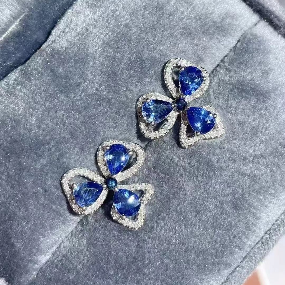 14k Gold 2.3 Ct Natural Sapphire & Diamond Earrings - 4