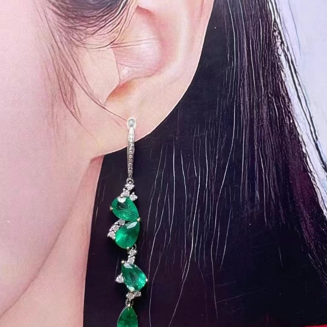14k Gold 4.8 Ct Natural Emerald & Diamond Earrings - 2