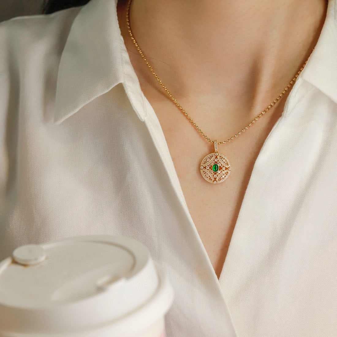 14k Gold 0.42 Ctw Vivid Green Natural Emerald & Diamond Pendant( Without Chain ) - 2