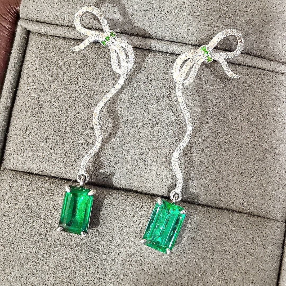 14k Gold 2.84 Ctw Vivid Green Natural Emerald & Diamond Earrings - 6