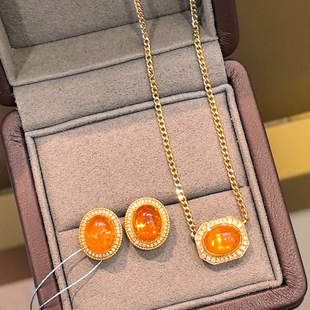 14k Gold 12.19 Ctw Natural Spessartine & Diamond Jewelry Set - 2