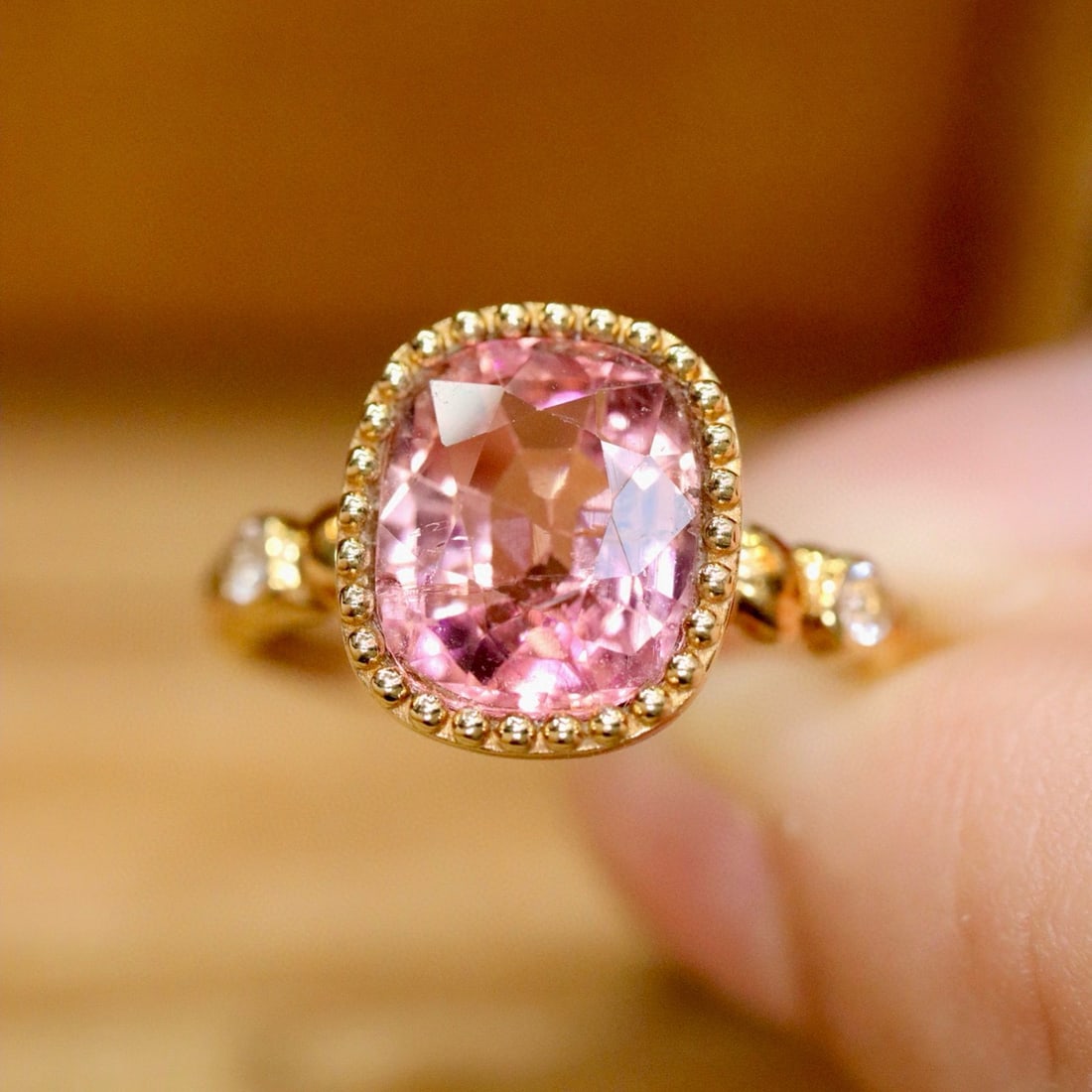 14k Gold 2.68 Ctw Natural Tourmaline & Diamond Ring: Ref:230998036 // gold content:14k gold // ring size:7. 25us // // main gemstone:tourmaline // shape:cushion // carat weight:2. 62ct // color:pink // treatment:natural // // adjacent gemstone 2 :