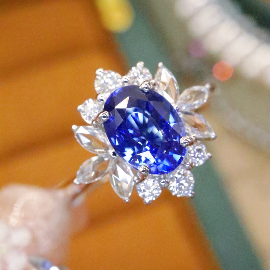 14k Gold 1.74 Ctw Natural Sapphire & Diamond Ring: Ref:230998059 // gold content:14k gold // ring size:7. 25us // // main gemstone:sapphire // shape:oval // carat weight:1. 38ct // color:cornflower blue // treatment:natural // // adjacent gemstone 2