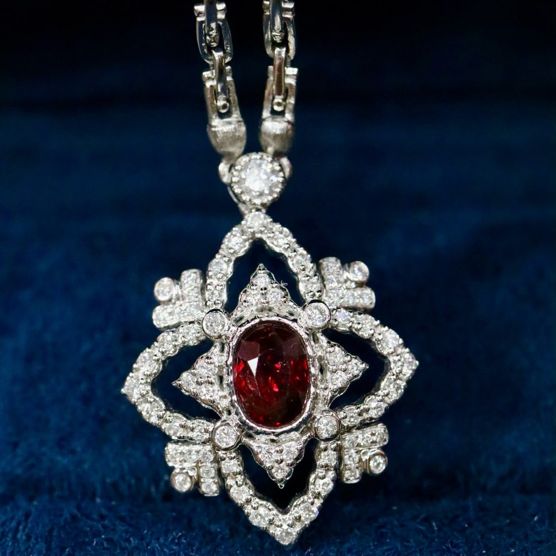 14k Gold 1.48 Ctw Natural Ruby & Diamond Necklace: Ref:230998068 // gold content:14k gold // main gemstone:ruby // shape:oval // carat weight:1. 0ct // color:red // treatment:natural // // adjacent gemstone 2 : diamond // shape:round // carat