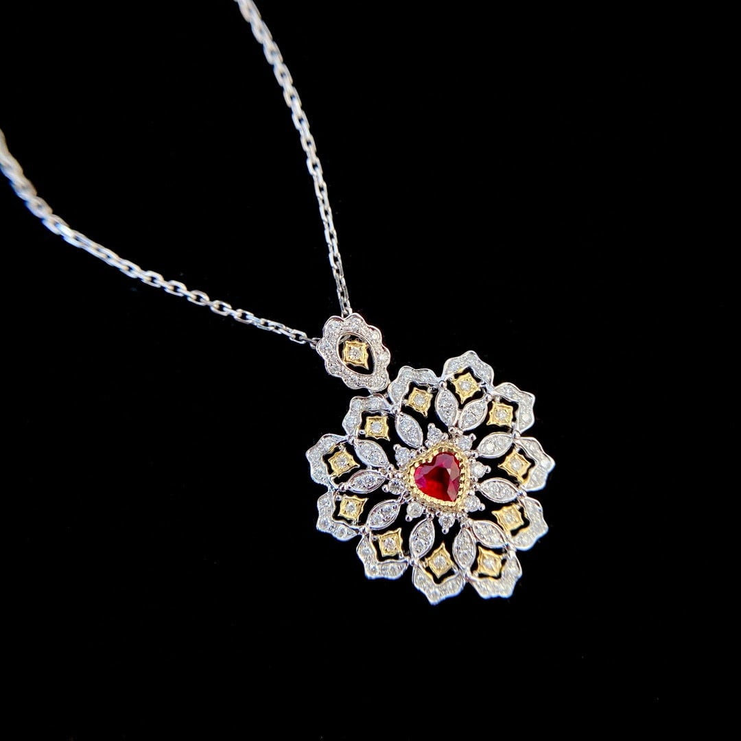 14k Gold 0.57 Ctw Natural Ruby & Diamond Pendant( Without Chain ): Ref:230998086 // gold content:14k gold // main gemstone:ruby // shape:heart // carat weight:0. 22ct // color:pigeonblood red // treatment:natural // // adjacent gemstone 2 : diamond // shape:round //