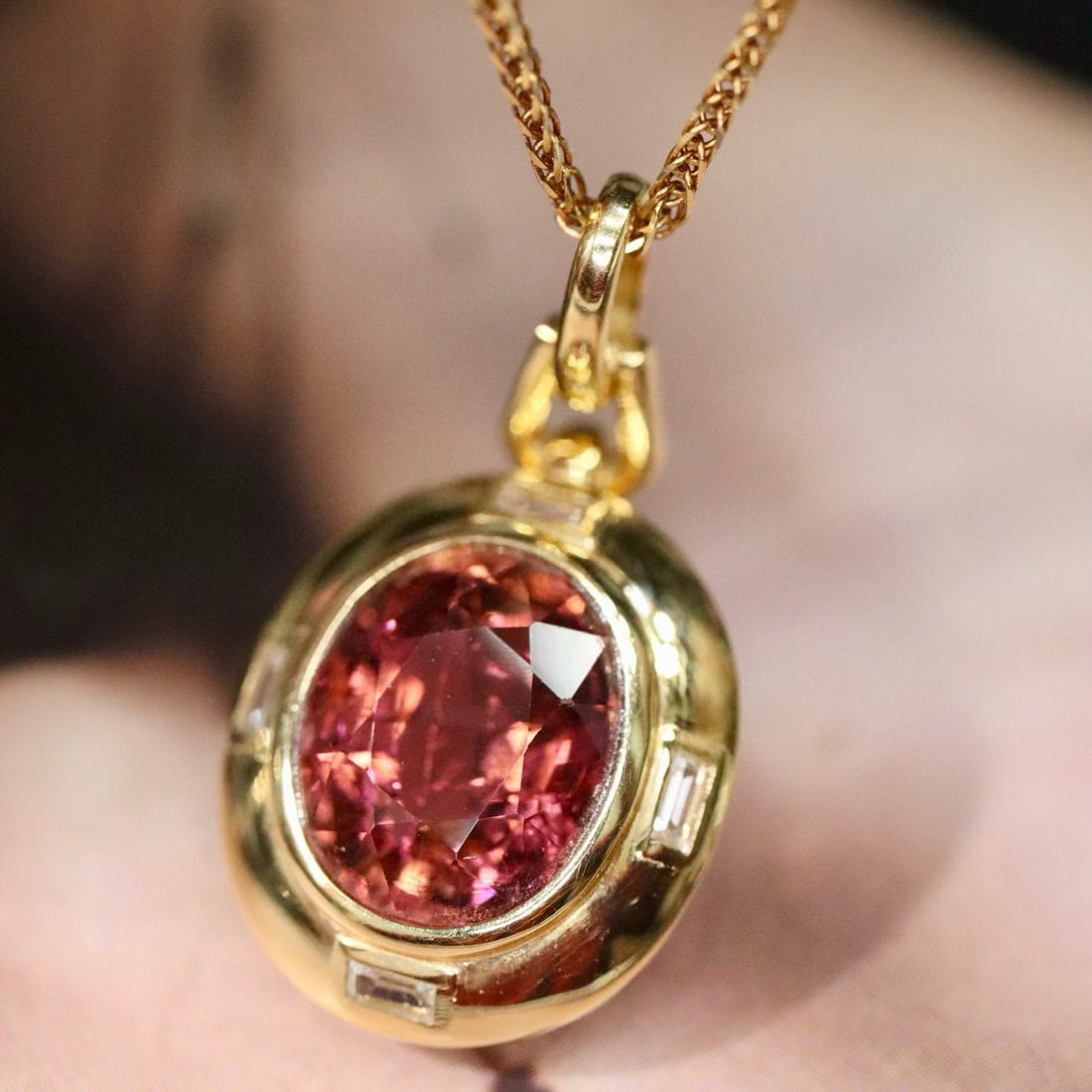14k Gold 2.51 Ctw Natural Tourmaline & Diamond Pendant( Without Chain ): Ref:230998105 // gold content:14k gold // main gemstone:tourmaline // shape:oval // carat weight:2. 39ct // color:red // treatment:natural // // adjacent gemstone 2 : diamond // shape:baguette //