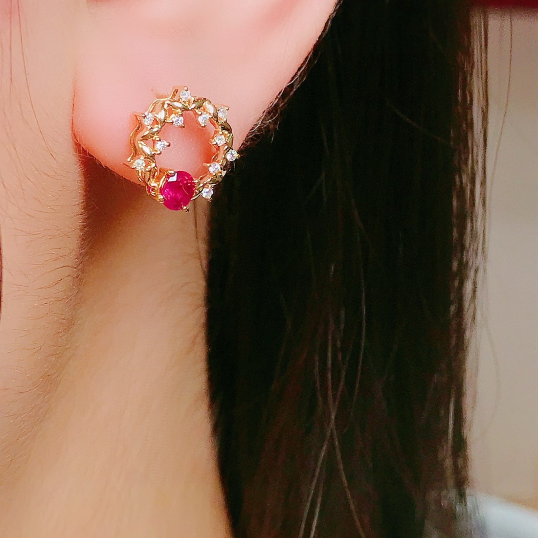 14k Gold 0.64 Ctw Natural Ruby & Diamond Earrings - 3