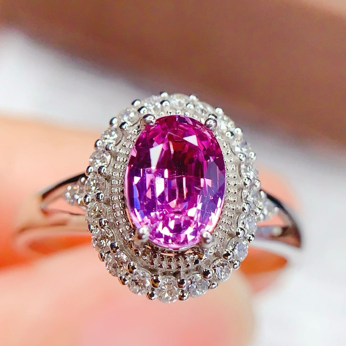 14k Gold 1.25 Ct Natural Sapphire & Diamond Ring: Ref:230998143 // gold content:14k gold // ring size:7. 25us // // main gemstone:sapphire // shape:oval // carat weight:1. 25ct // color:purplish pink // treatment:natural // // adjacent gemstone 2 :