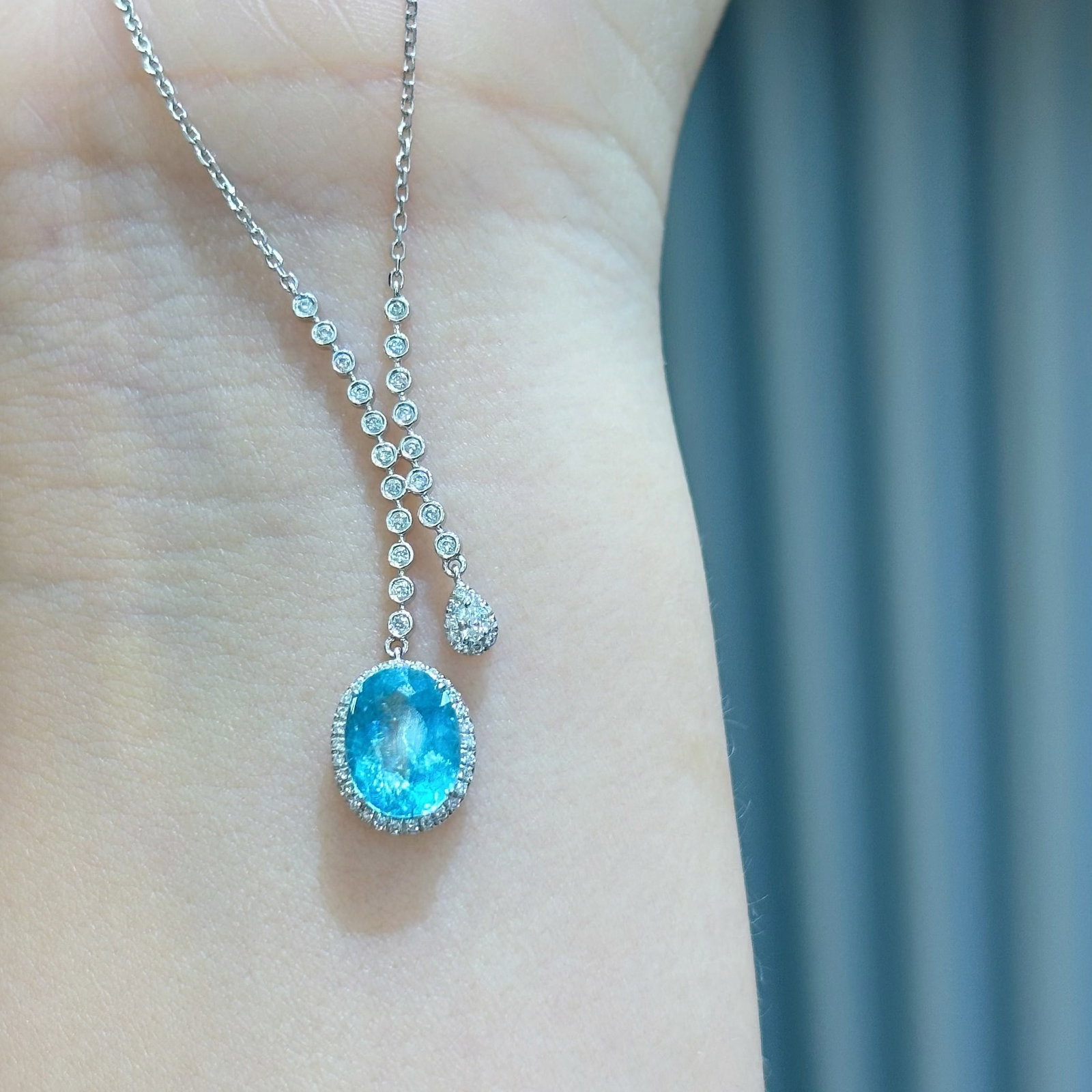 14k Gold 1.61 Ct Natural Paraiba Tourmaline & Diamond Necklace - 3