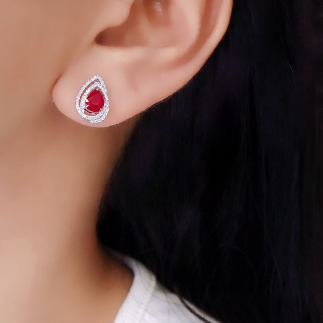 14k Gold 1.73 Ctw Natural Ruby & Diamond Earrings - 3