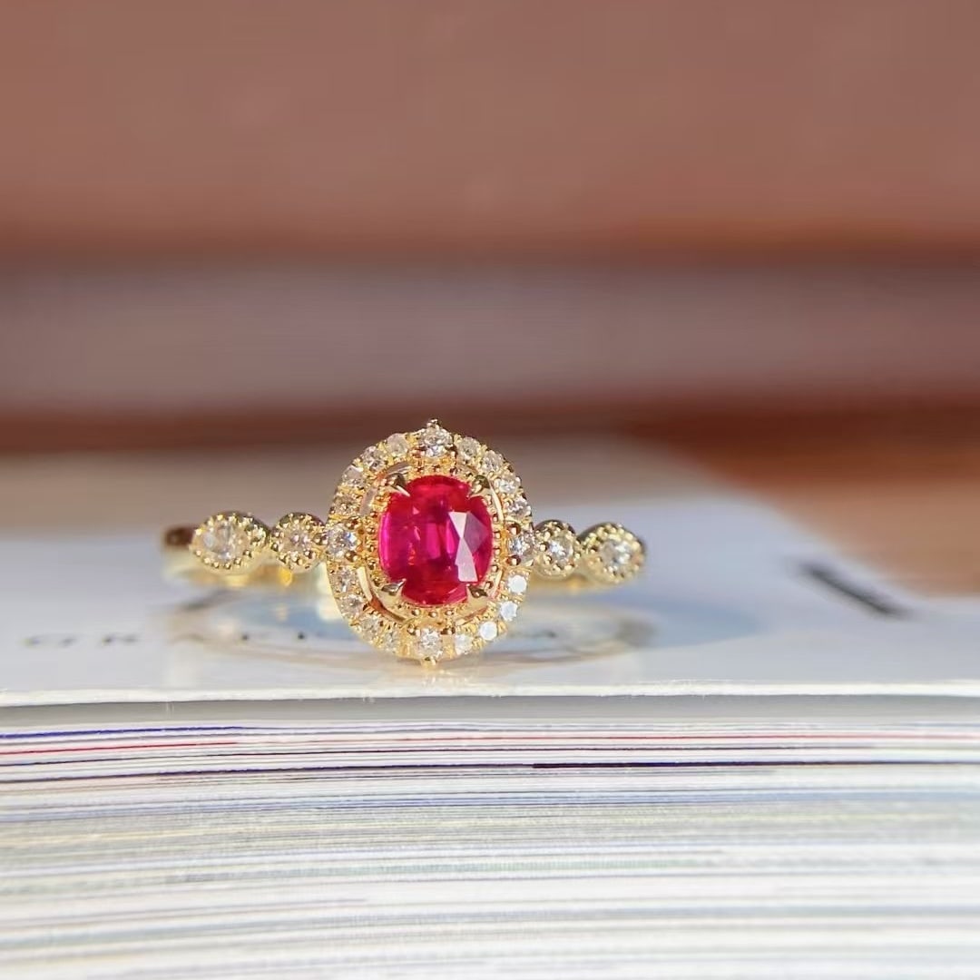 14k Gold 0.59 Ctw Natural Ruby & Diamond Ring: Ref:230998251 // gold content:14k gold // ring size:7. 25us // // main gemstone:ruby // shape:oval // carat weight:0. 43ct // color:red // treatment:natural // // adjacent gemstone 2 : diamond //