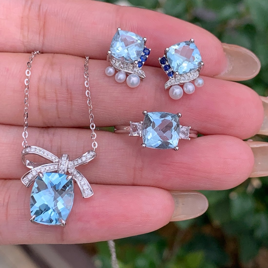 14k Gold 7.68 Ct Natural Aquamarine & Diamond & Sapphire & Pearl Jewelry Set: Ref:230998257 // gold content:14k gold // ring size:7. 25us // // necklace // main gemstone:aquamarine // shape:cushion // carat weight:2. 3ct // color:blue // treatment:natural // // adjacent