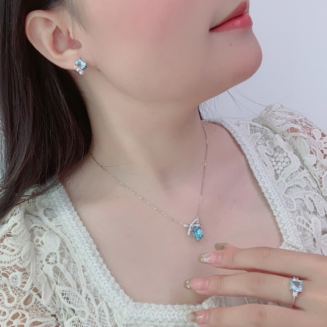 14k Gold 7.68 Ct Natural Aquamarine & Diamond & Sapphire & Pearl Jewelry Set - 2
