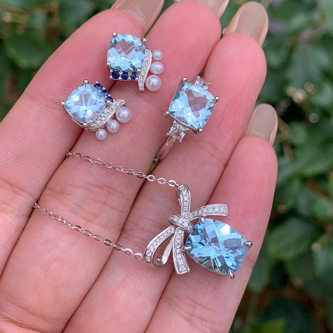 14k Gold 7.68 Ct Natural Aquamarine & Diamond & Sapphire & Pearl Jewelry Set - 3