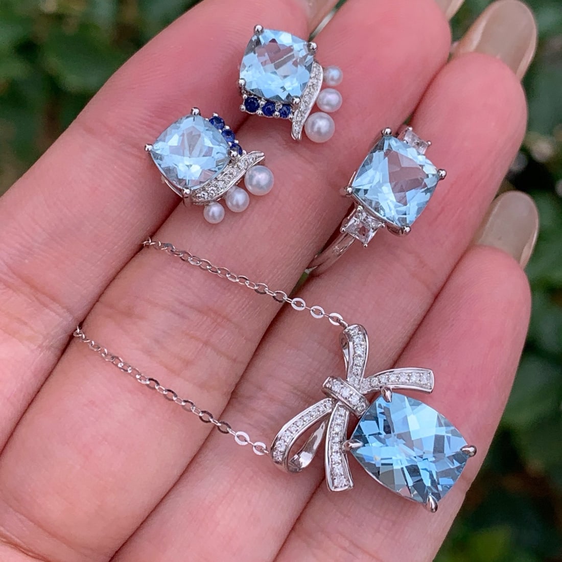 14k Gold 7.68 Ct Natural Aquamarine & Diamond & Sapphire & Pearl Jewelry Set - 4