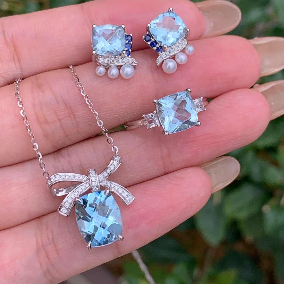 14k Gold 7.68 Ct Natural Aquamarine & Diamond & Sapphire & Pearl Jewelry Set - 5