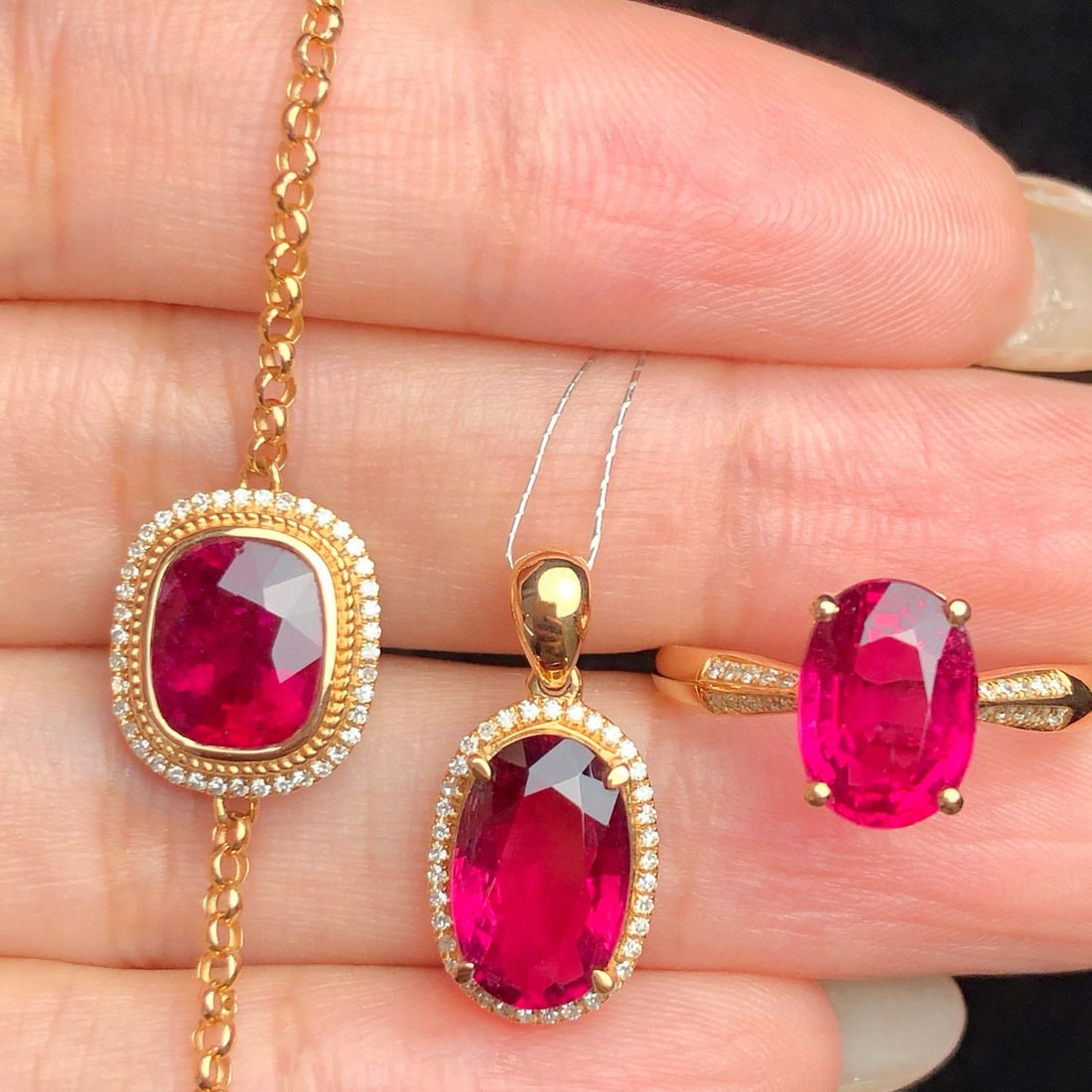 14k Gold 7.1 Ct Natural Tourmaline & Diamond Jewelry Set - 2