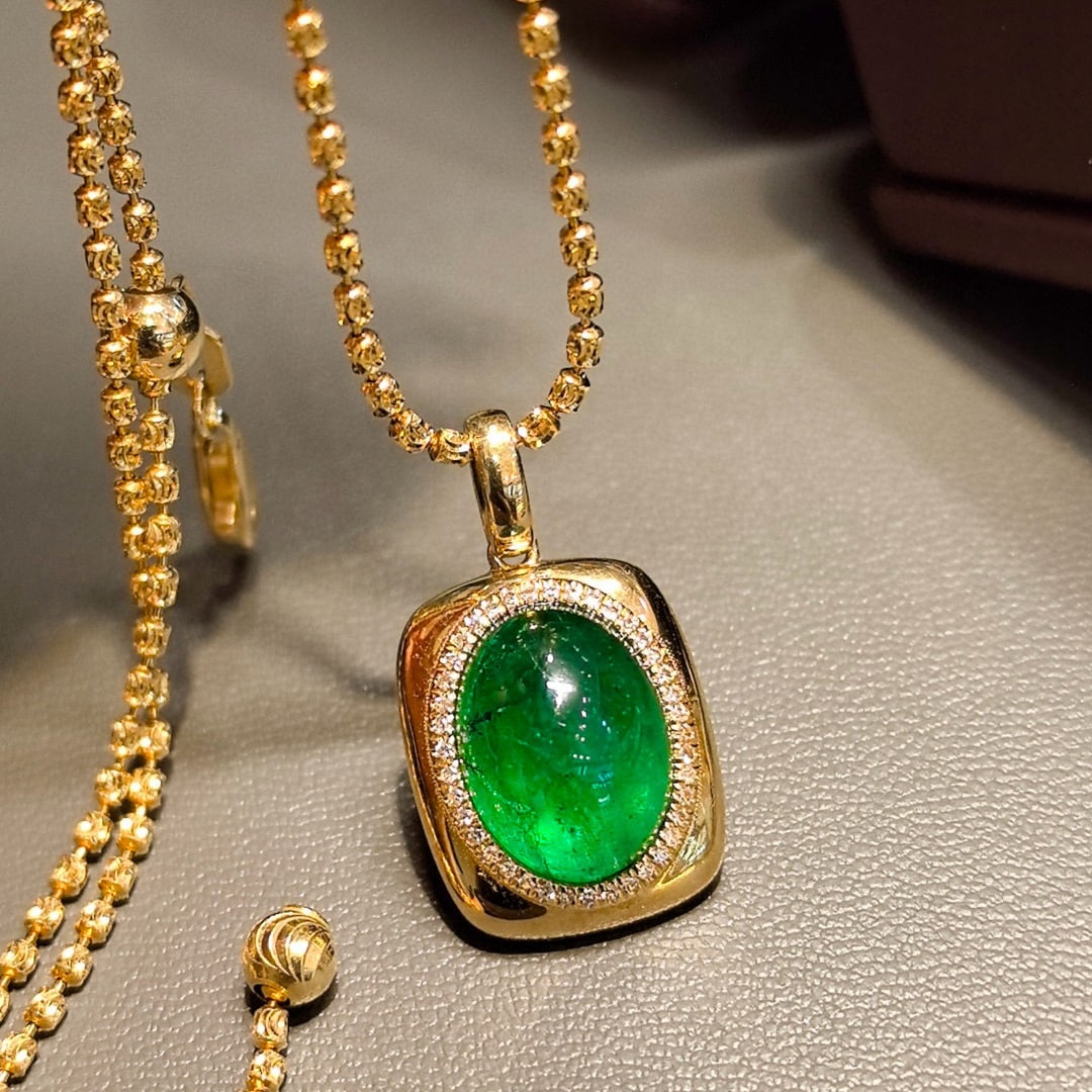 14k Gold 4.38 Ctw Vivid Green Natural Emerald & Diamond Pendant( Without Chain ): Ref:230998275 // gold content:14k gold // main gemstone:emerald // shape:oval // carat weight:4. 20ct // color:vivid green // treatment:natural // // adjacent gemstone 2 : diamond // shape:round // ca