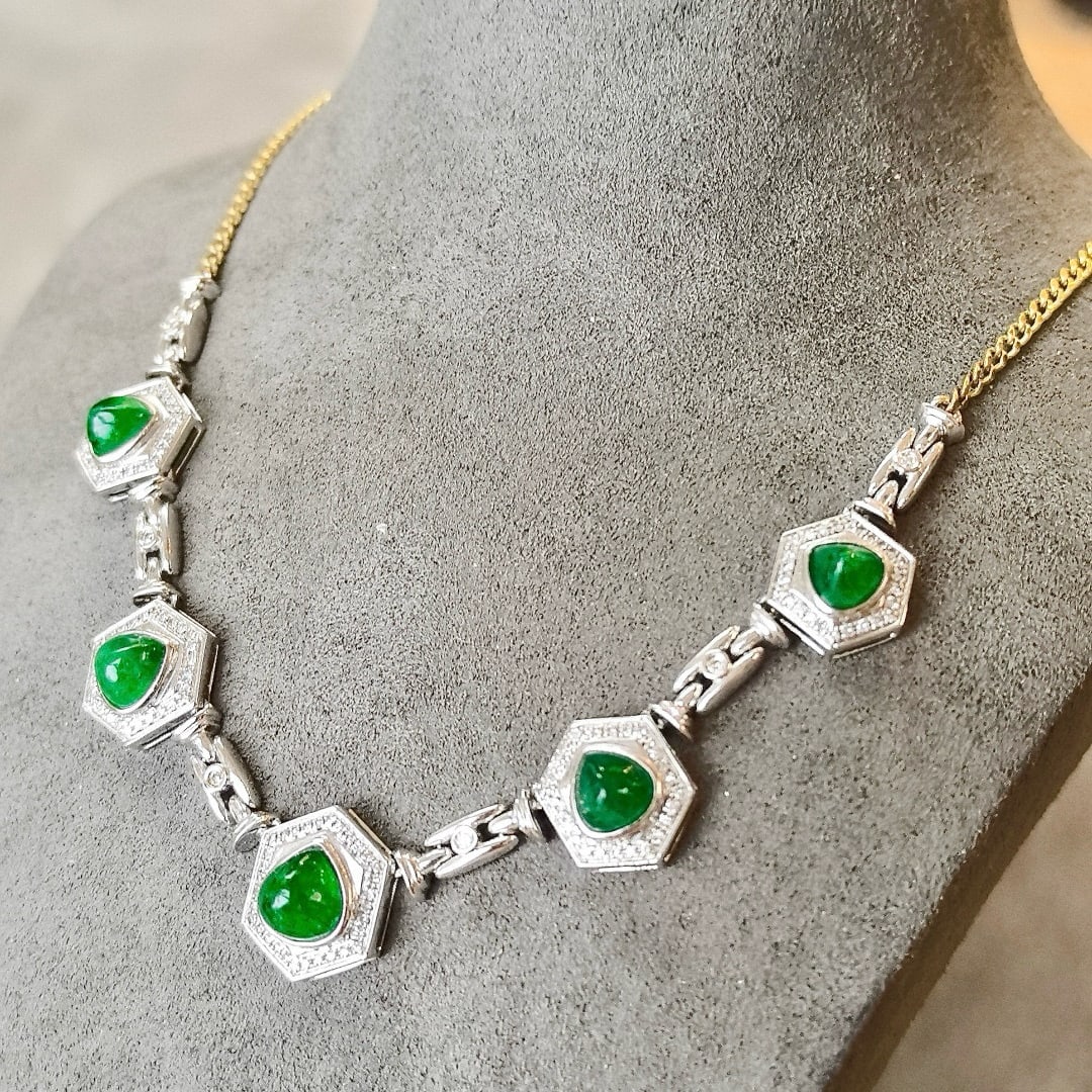 14k Gold 3.53 Ctw Vivid Green Natural Emerald & Diamond Necklace - 2