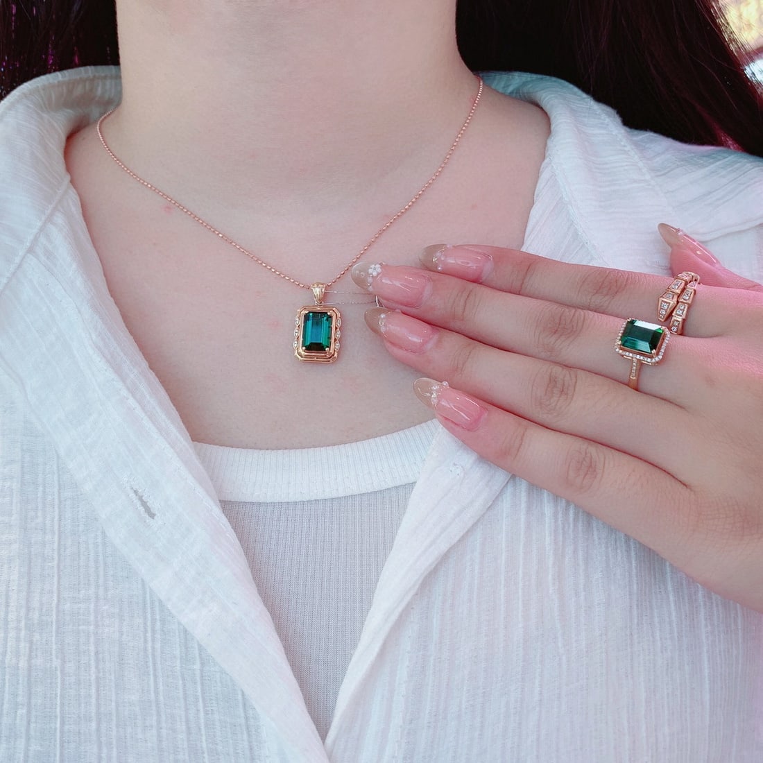 14k Gold 6.88 Ct Natural Tourmaline & Diamond Jewelry Set - 3