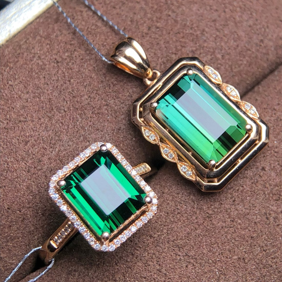 14k Gold 6.88 Ct Natural Tourmaline & Diamond Jewelry Set - 4