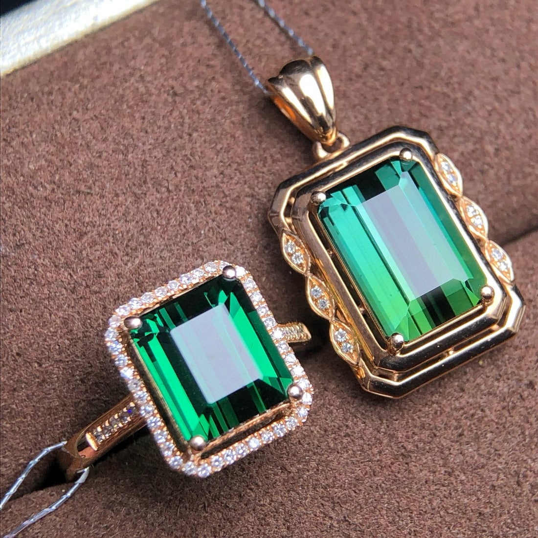14k Gold 6.88 Ct Natural Tourmaline & Diamond Jewelry Set - 5