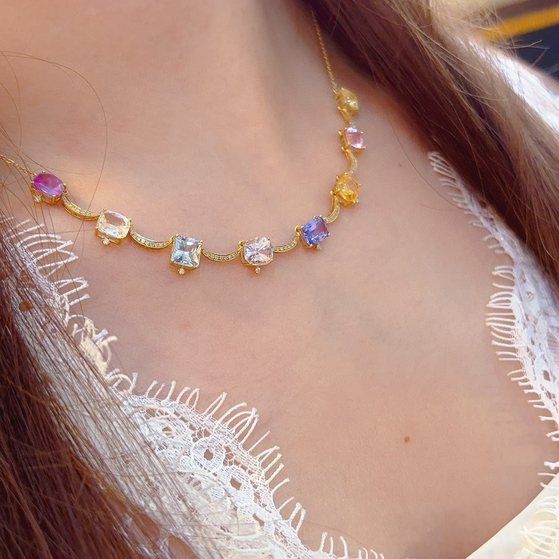 14k Gold 9.22 Ct Natural Sapphire & Diamond Necklace - 2