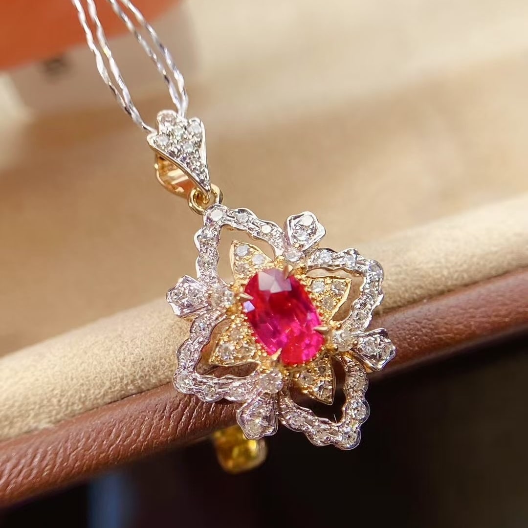 14k Gold 0.71 Ctw Natural Ruby & Diamond Pendant( Without Chain ): Ref:230998301 // gold content:14k gold // main gemstone:ruby // shape:oval // carat weight:0. 5ct // color:red // treatment:natural // // adjacent gemstone 2 : diamond // shape:round // carat weight:0