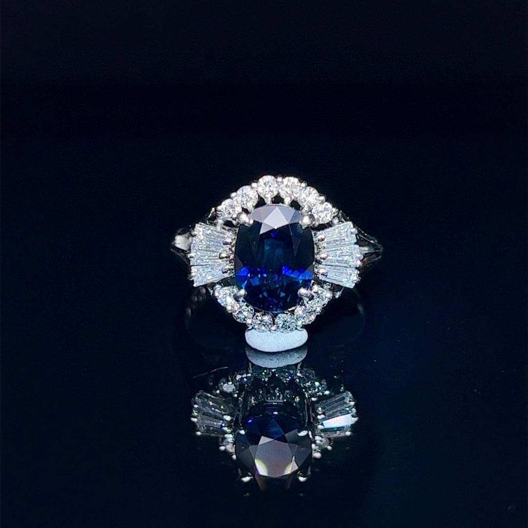 14k Gold 2.92 Ctw Natural Sapphire & Diamond Ring: Ref:230998319 // gold content:14k gold // ring size:7. 25us // // main gemstone:sapphire // shape:oval // carat weight:2. 37ct // color:royal blue // treatment:natural // // adjacent gemstone 2 :