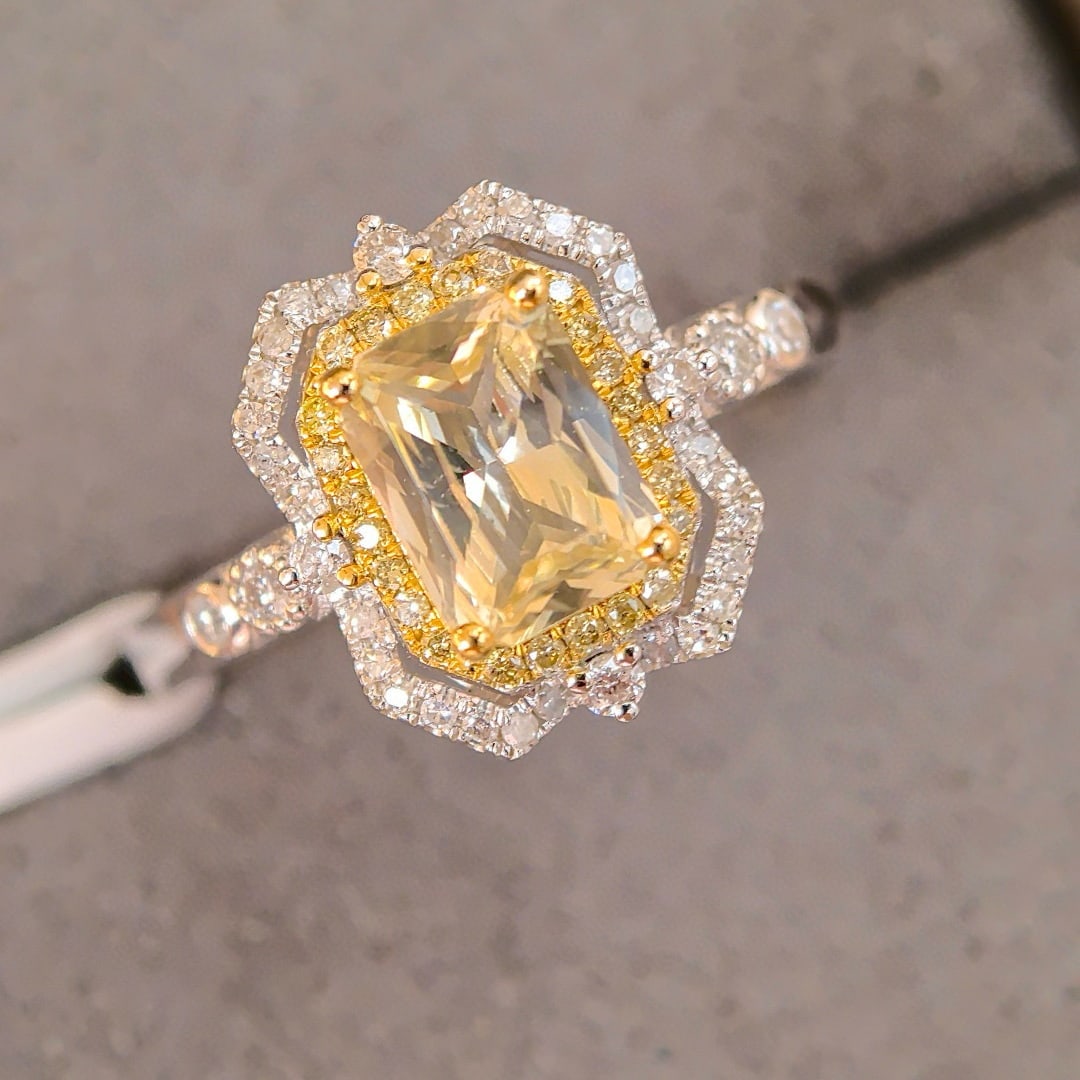 14k Gold 1.30 Ctw Natural Sapphire & Diamond Ring: Ref:230998328 // gold content:14k gold // ring size:7. 25us // // main gemstone:sapphire // shape:octagonal // carat weight:1. 05ct // color:yellow // treatment:natural // // adjacent gemstone 2 :
