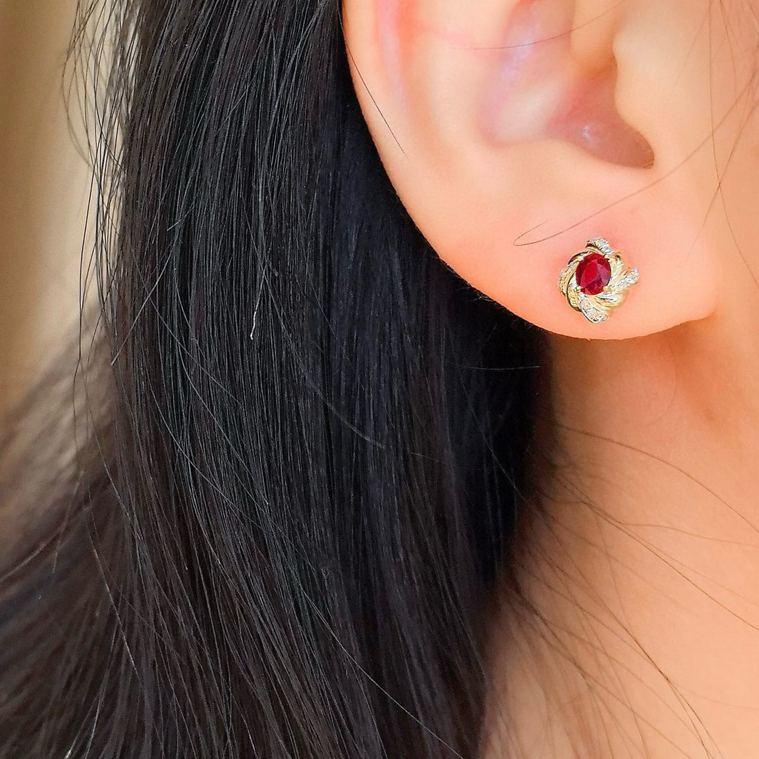 14k Gold 0.94 Ctw Natural Ruby & Diamond Earrings - 2