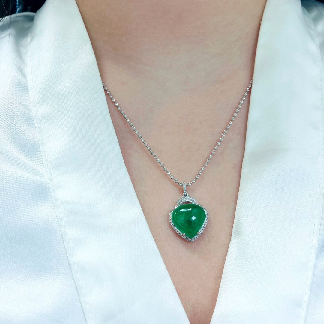 14k Gold 10.18 Ctw Vivid Green Natural Emerald & Diamond Pendant( Without Chain ) - 2
