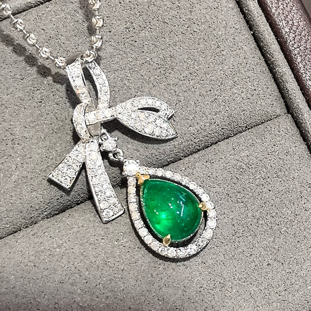 14k Gold 2.45 Ctw Vivid Green Natural Emerald & Diamond Pendant( Without Chain ) - 2
