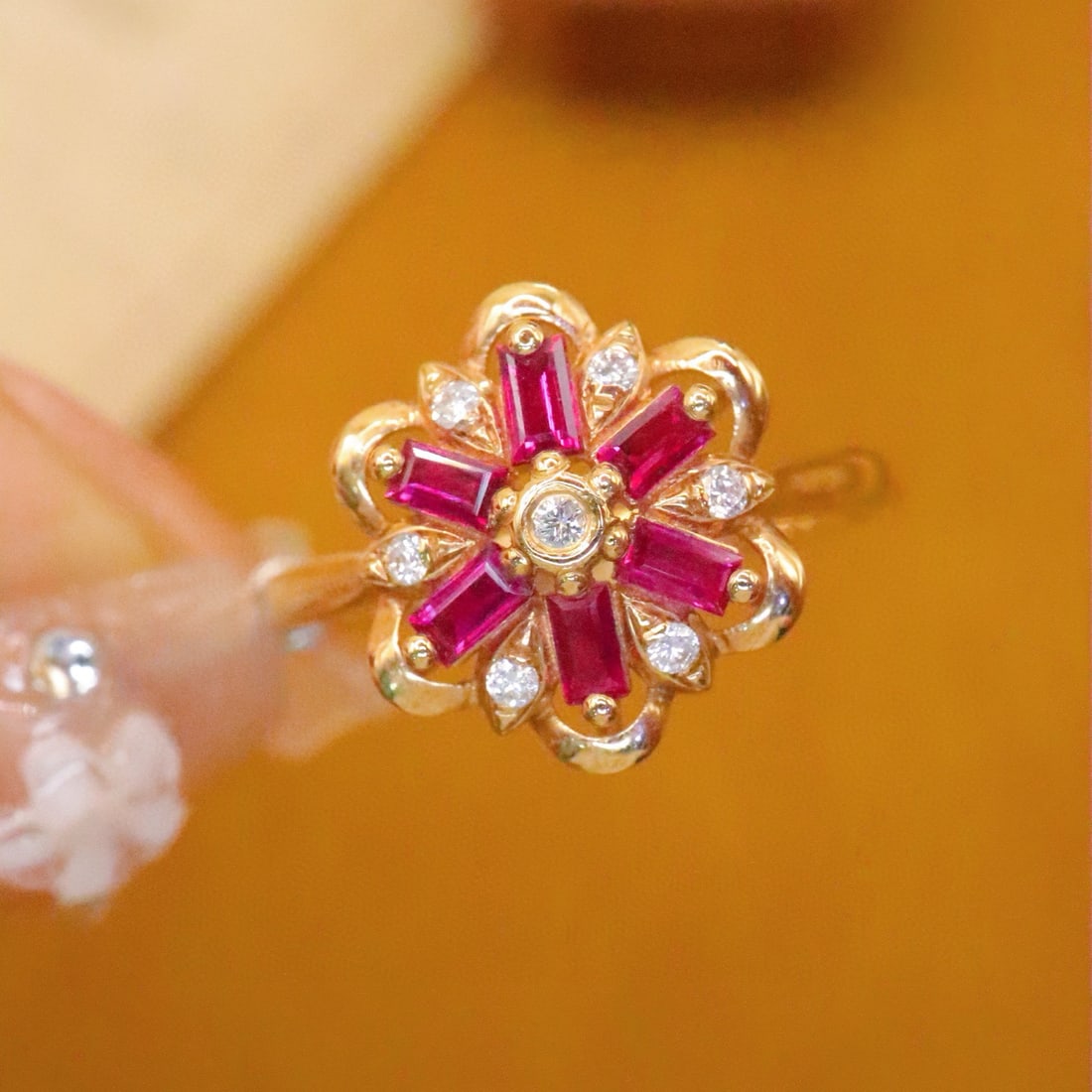 14k Gold 0.30 Ctw Natural Ruby & Diamond Ring: Ref:230998337 // gold content:14k gold // ring size:7. 25us // // main gemstone:ruby // shape:rectangle // carat weight:0. 25ct // color:red // treatment:natural // // adjacent gemstone 2 : diamond