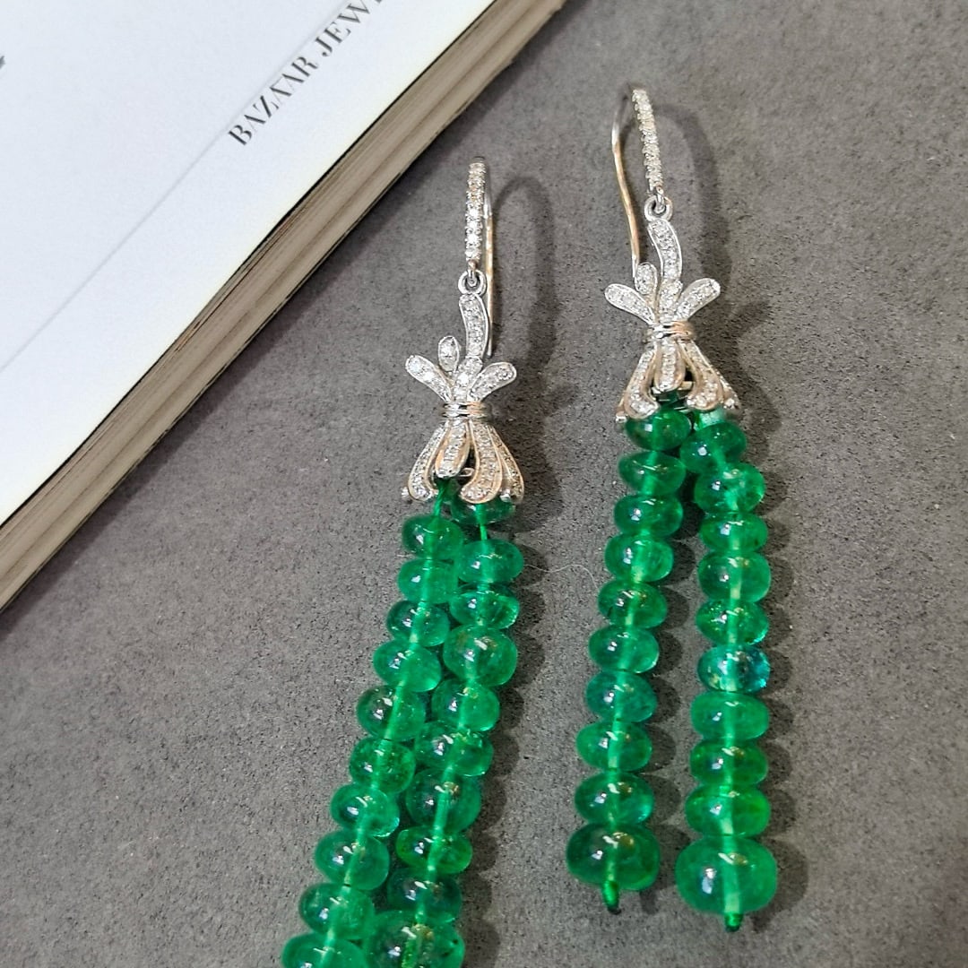 14k Gold 32.48 Ctw Vivid Green Natural Emerald & Diamond Earrings - 2