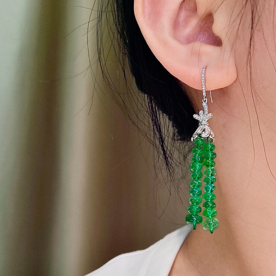 14k Gold 32.48 Ctw Vivid Green Natural Emerald & Diamond Earrings - 3