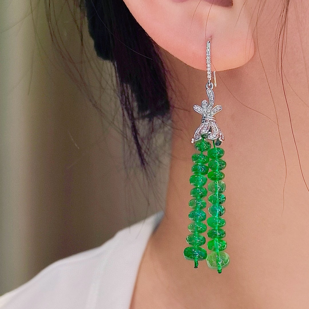 14k Gold 32.48 Ctw Vivid Green Natural Emerald & Diamond Earrings - 4