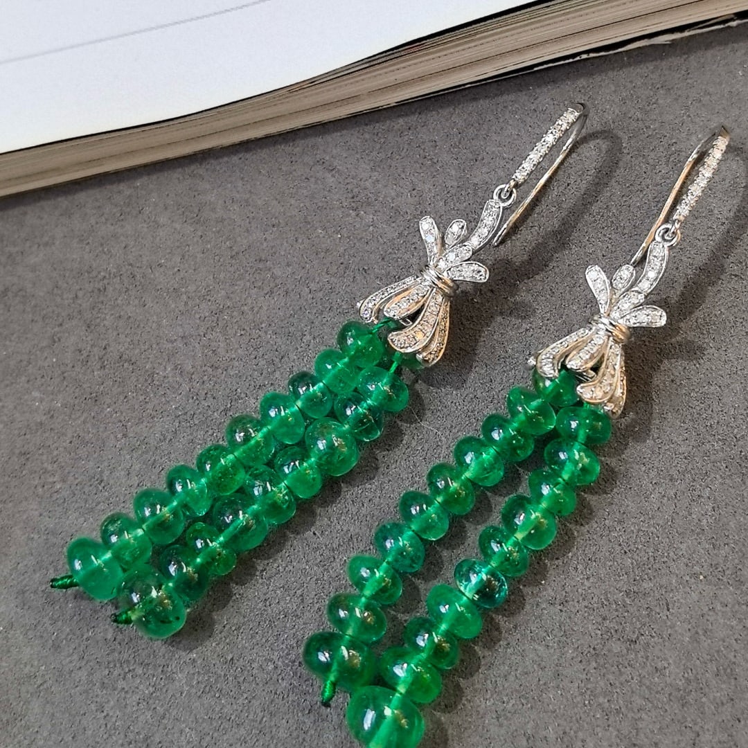14k Gold 32.48 Ctw Vivid Green Natural Emerald & Diamond Earrings - 5