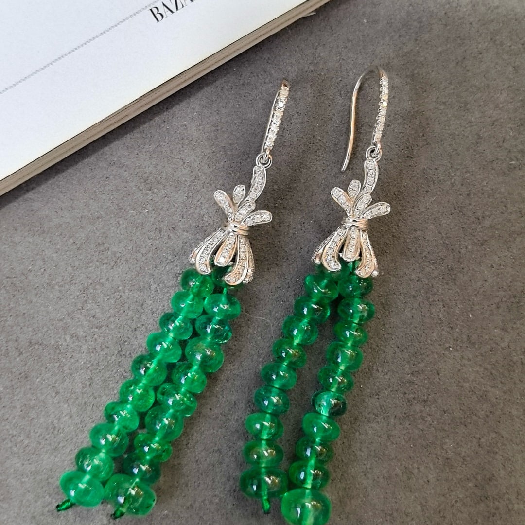 14k Gold 32.48 Ctw Vivid Green Natural Emerald & Diamond Earrings - 6