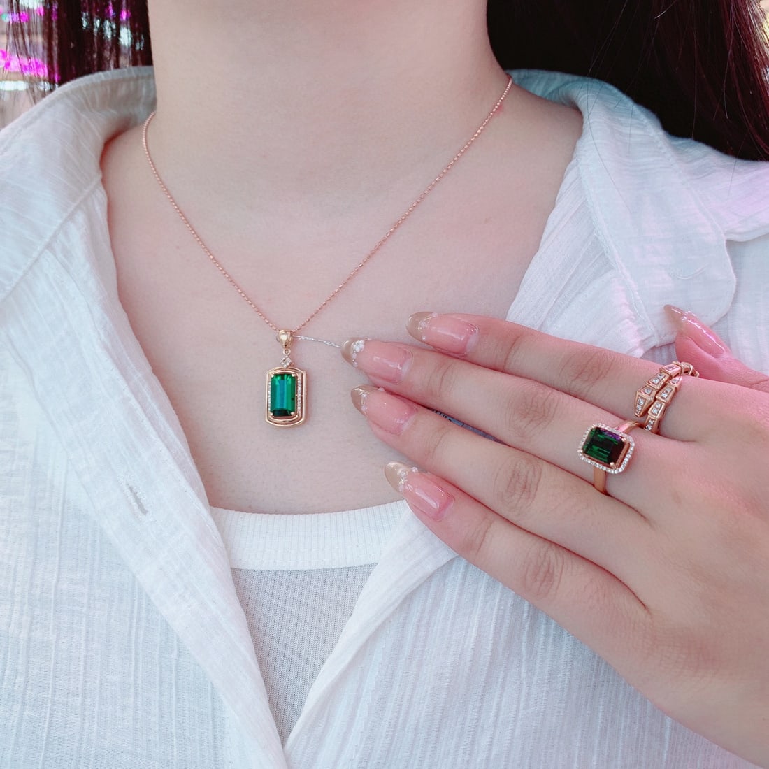 14k Gold 7.36 Ct Natural Tourmaline & Diamond Jewelry Set - 5