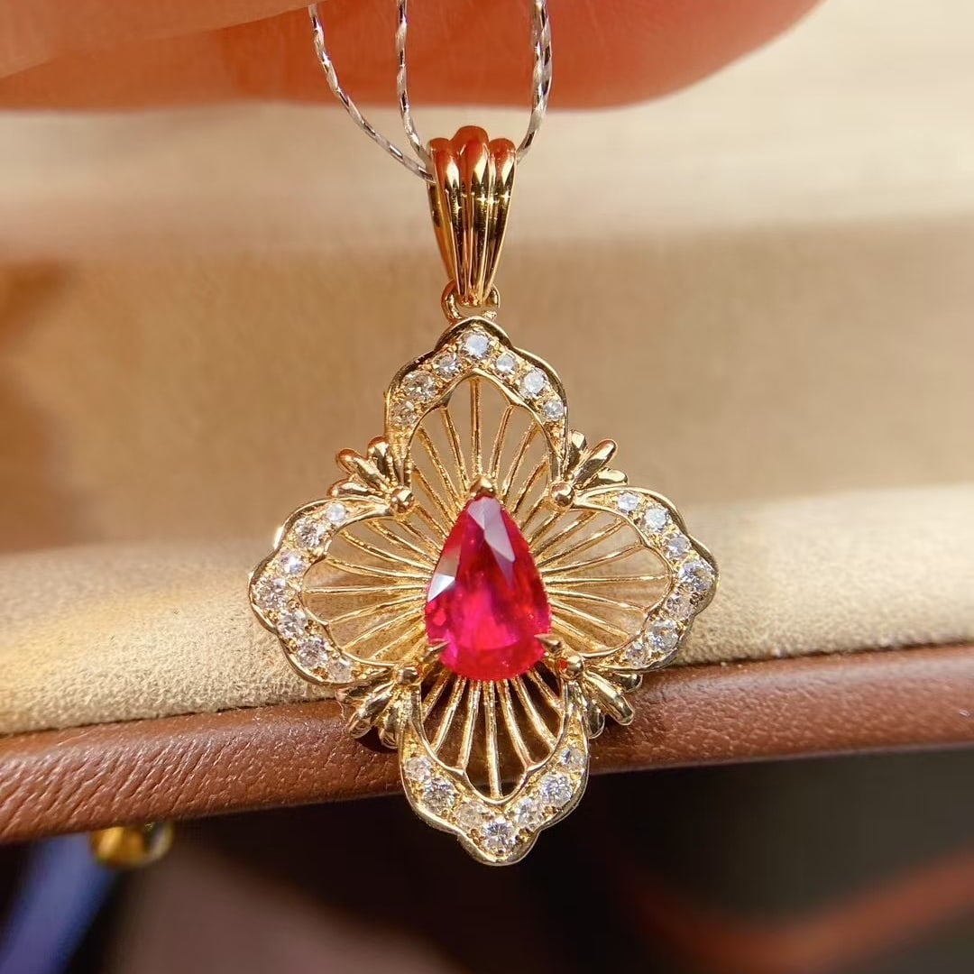 14k Gold 0.68 Ctw Vivid Red Natural Ruby & Diamond Pendant( Without Chain ) - 2